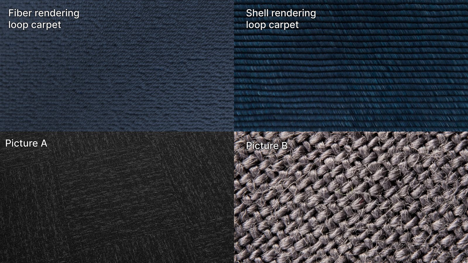 Fiber and shell loop carpet renders next to two reference photos