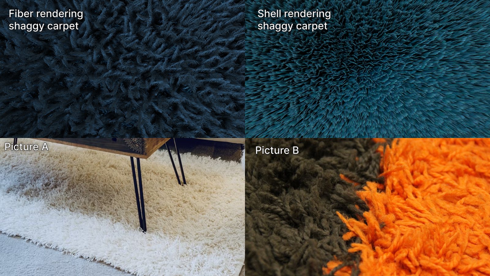 Fiber and shell shaggy carpet renders next to two reference photos